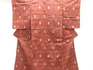 アンティーク　変わり格子に抽象模様織り出し手織り紬着物